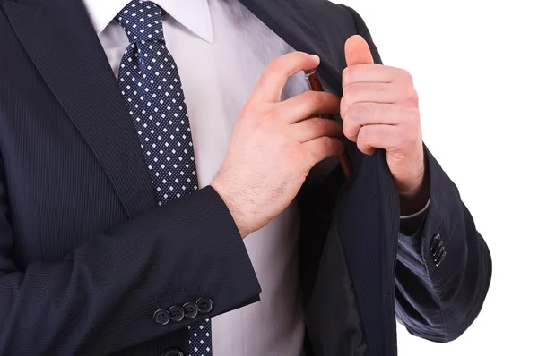 Empresário colocando uma caneta em seu bolso . — Fotografia de Stock