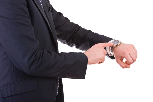 Biznesmen, wskazując na jego zegarek. — Zdjęcie stockowe