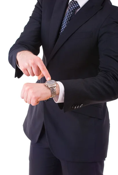 Empresário apontando para seu relógio de pulso . — Fotografia de Stock