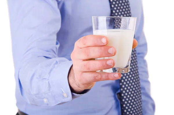 Affärsman med glas mjölk. — Stockfoto