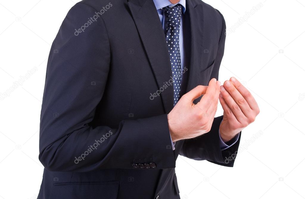 Businessman gesturing with both hands.