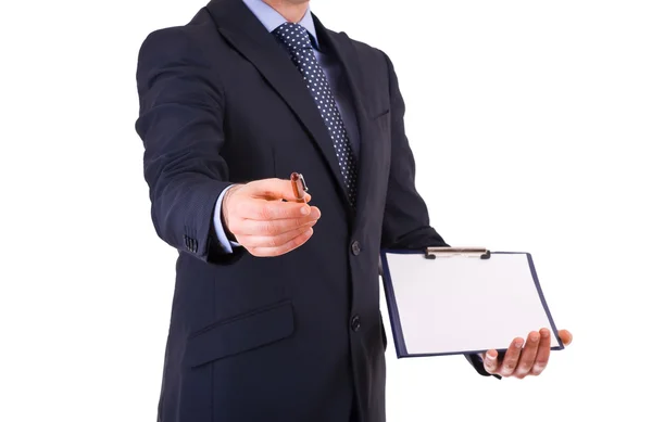 Empresário com caneta e prancheta . — Fotografia de Stock