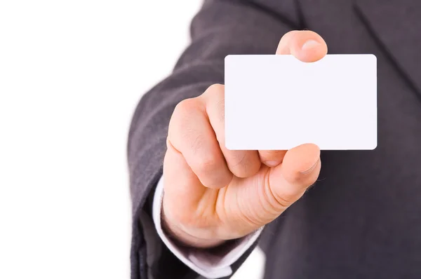 Hombre de negocios mostrando tarjeta en blanco . — Foto de Stock