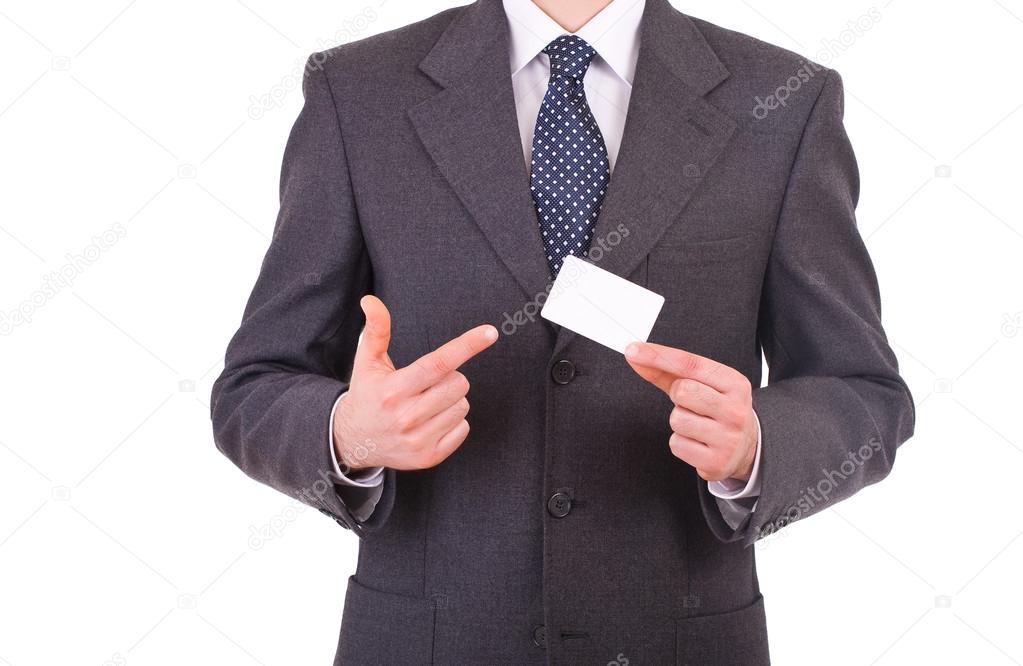 Business man showing blank card.