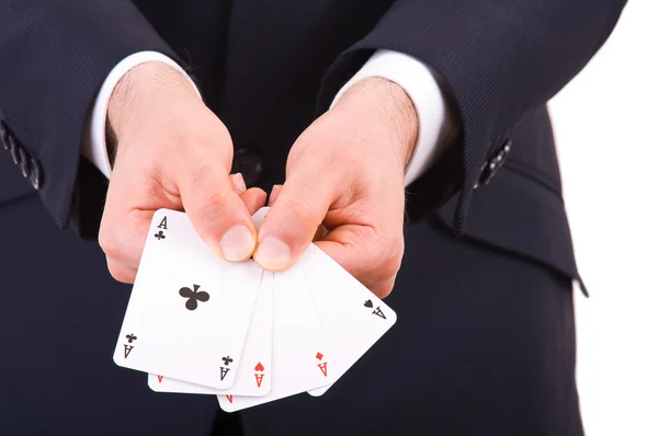 Podnikatel zobrazeno hrací karty. — Stock fotografie