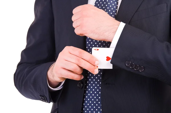 Biznesmen z karty as ukryte pod rękaw. — Zdjęcie stockowe