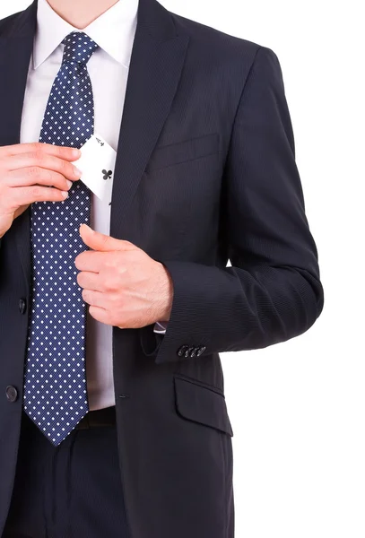 Businessman putting ace card in his pocket. — Stock Photo, Image