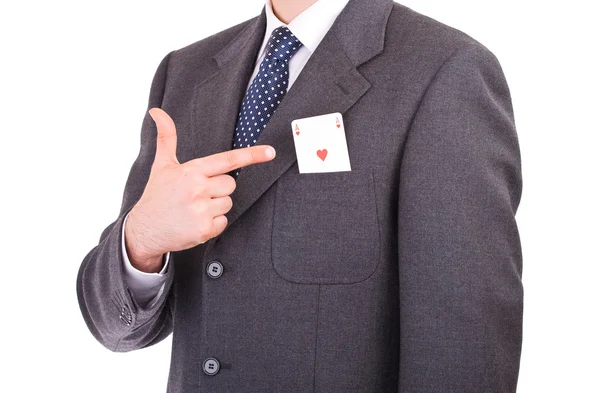 Uomo d'affari che indica asso carta in tasca . — Foto Stock