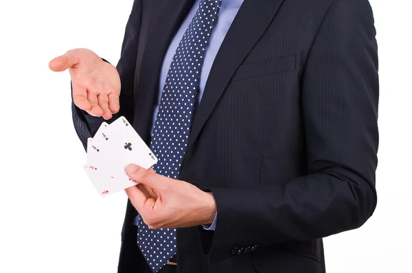 Empresário mostrando cartas de jogo . — Fotografia de Stock