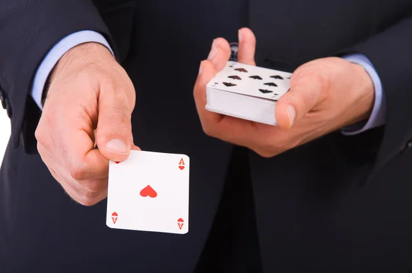 Empresário mostrando cartas de jogo . — Fotografia de Stock