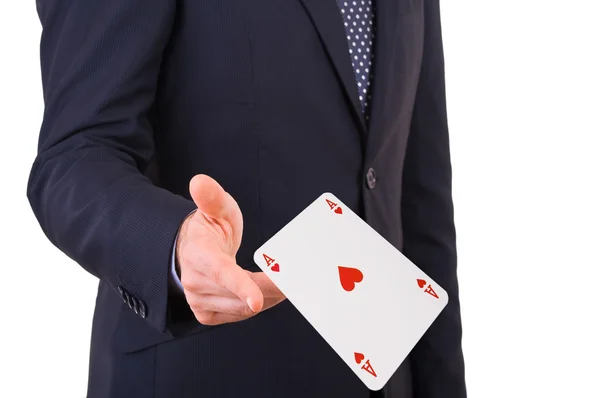 Uomo d'affari che lancia carte da gioco . — Foto Stock