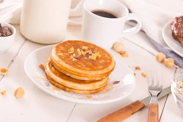 Honey Pancakes Flakes White Dish — Stock Photo, Image