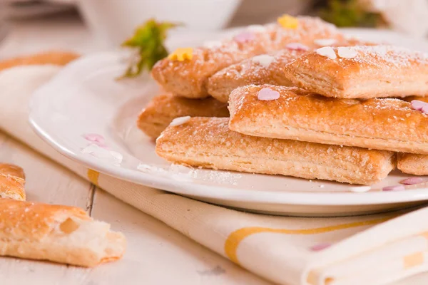 Puff Pastry Cookies Sugars White Dish — Stock Photo, Image