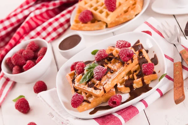 Waffles Raspberries Chocolate Cream — Stock Photo, Image