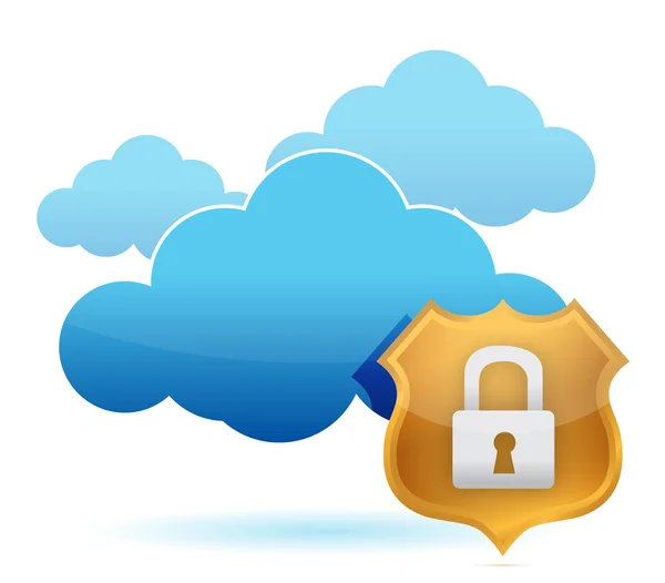 Computer cloud protected by gold shield — Stock Photo, Image