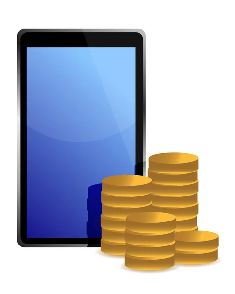 Tablet and coins around illustration — Stock Photo, Image