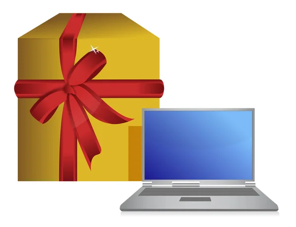 Geschenkbox und Laptop vorhanden — Stockfoto