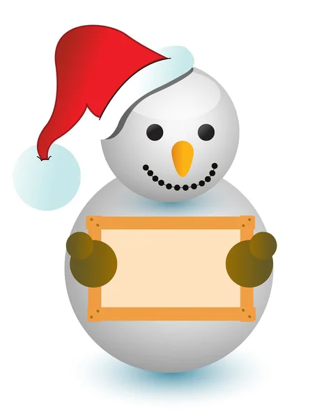 Snowman holding wood sign — Stock Photo, Image