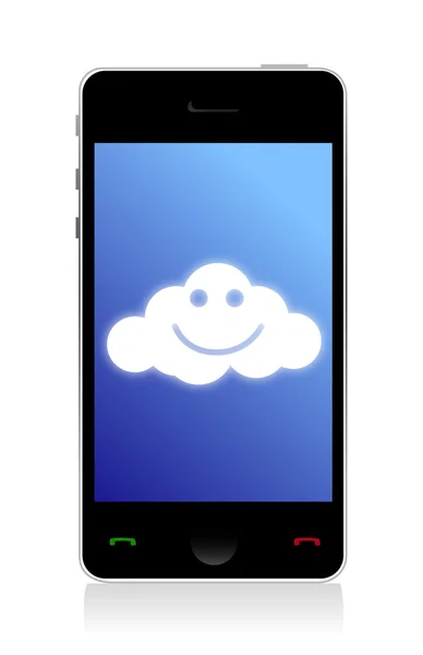 Τηλέφωνο συνδεδεμένο με ένα ευτυχισμένο σύννεφο — Φωτογραφία Αρχείου