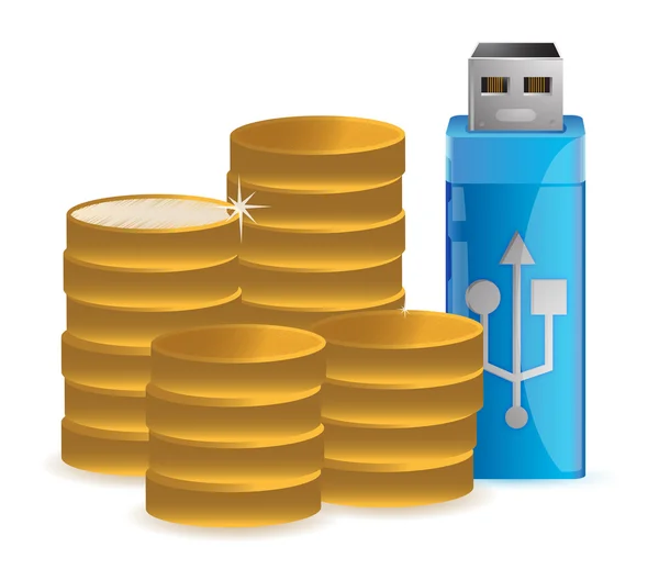 Moedas e driver flash de dados USB — Fotografia de Stock