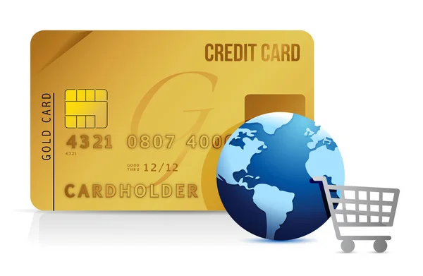 Creditcard, winkelwagentje en globe - concept — Stockfoto