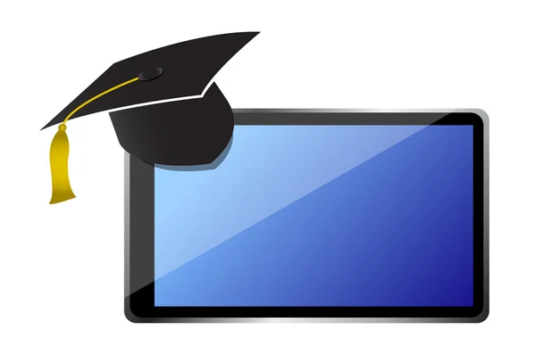 Graduate cap sitting on top of tablet — Stock Photo, Image