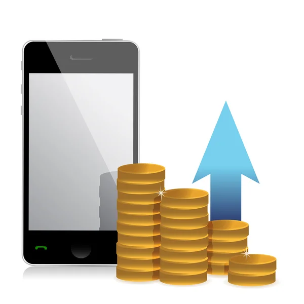 Mobiele telefoon en munten — Stockfoto