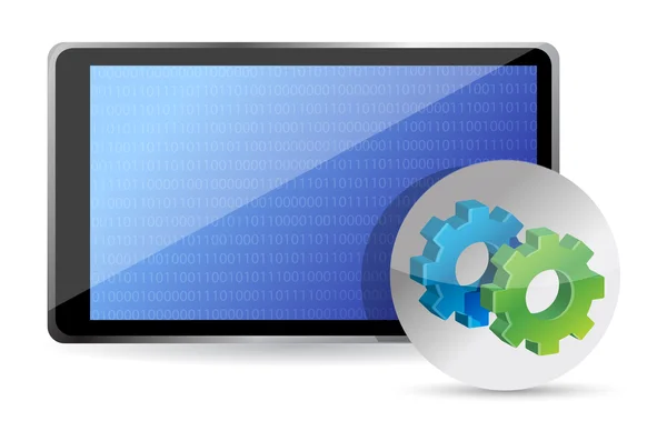 One tablet pc with gears, processing concept — Stock Photo, Image