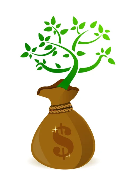 Pytlík s penězi s čerstvých zelených rostlin rostoucích — Stock fotografie