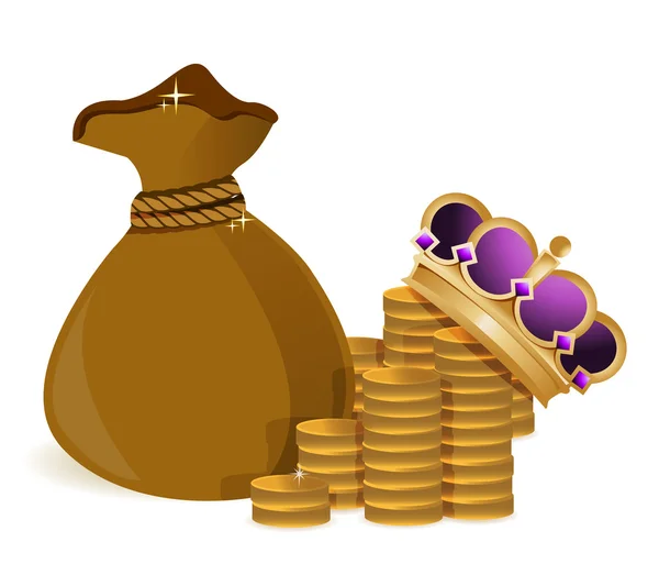 Coins money bag and royal crown — Stock Photo, Image