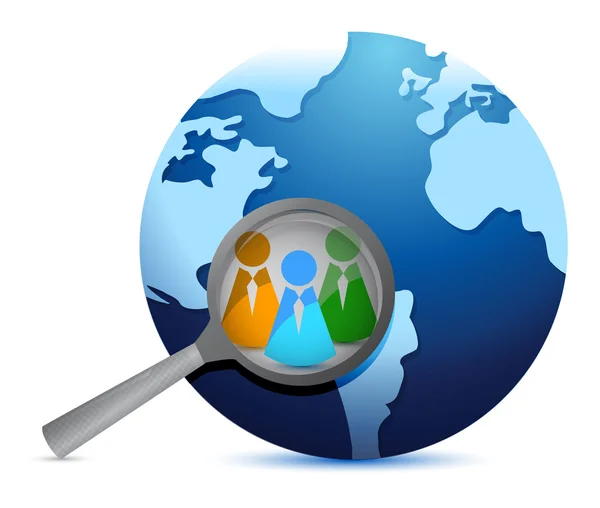 Earth globe and magnify glass focusing in teamwork — Stock Photo, Image