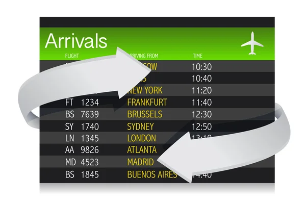 Flygplats ankomster styrelse med pilar som visar förändringar — Stockfoto