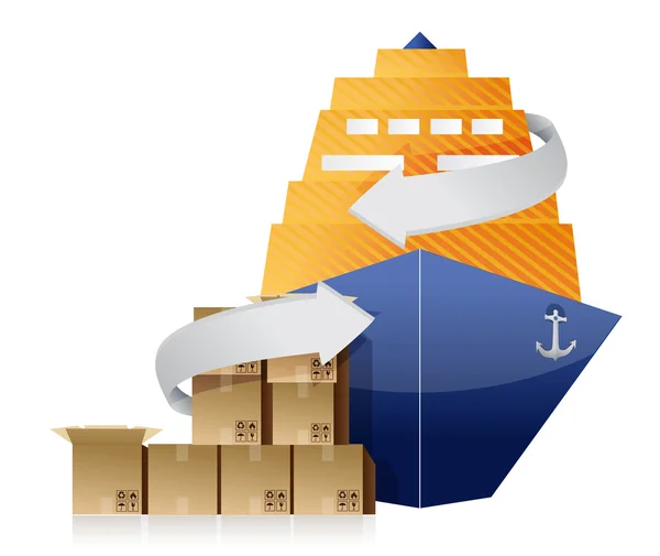 Cargo ship, boxes, and movement arrows — Stock Photo, Image