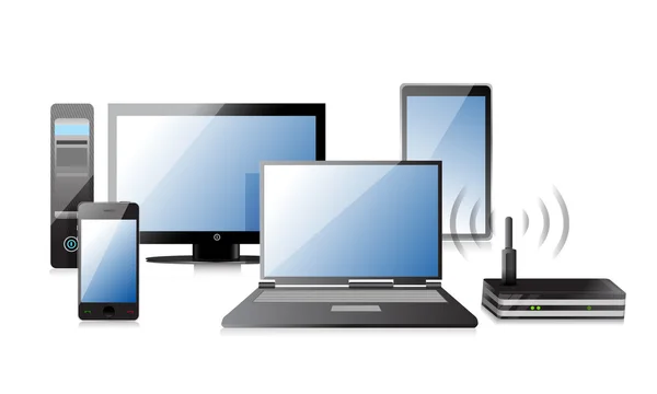 Компьютер, ноутбук планшет и телефон, роутер — стоковое фото