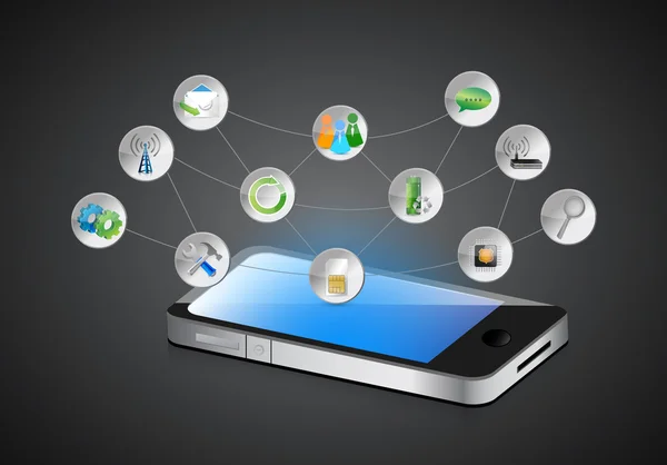 Smartphone móvel, símbolos de aplicativos e suas funções — Fotografia de Stock