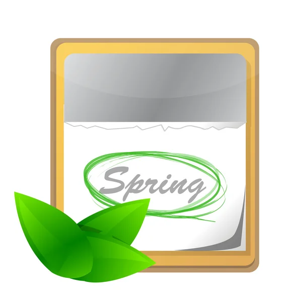 Kalendář s jarní stránky a zelený list — Stock fotografie
