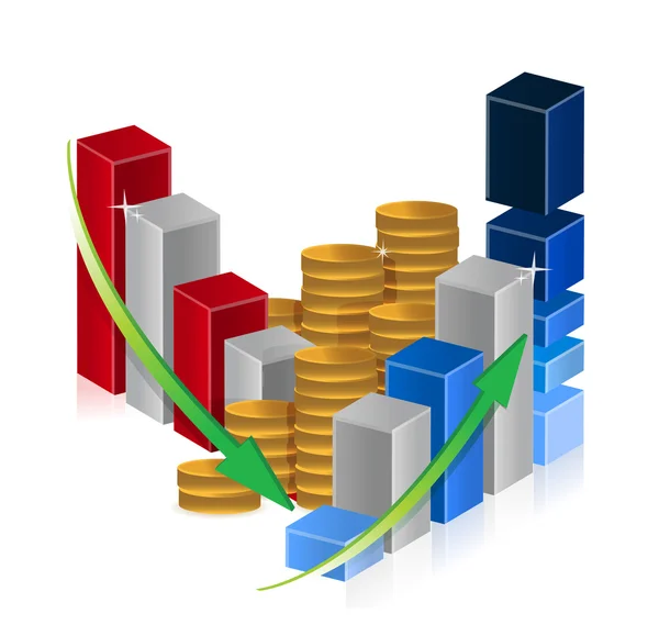 Gráficos de negócios para cima e para baixo e moedas — Fotografia de Stock