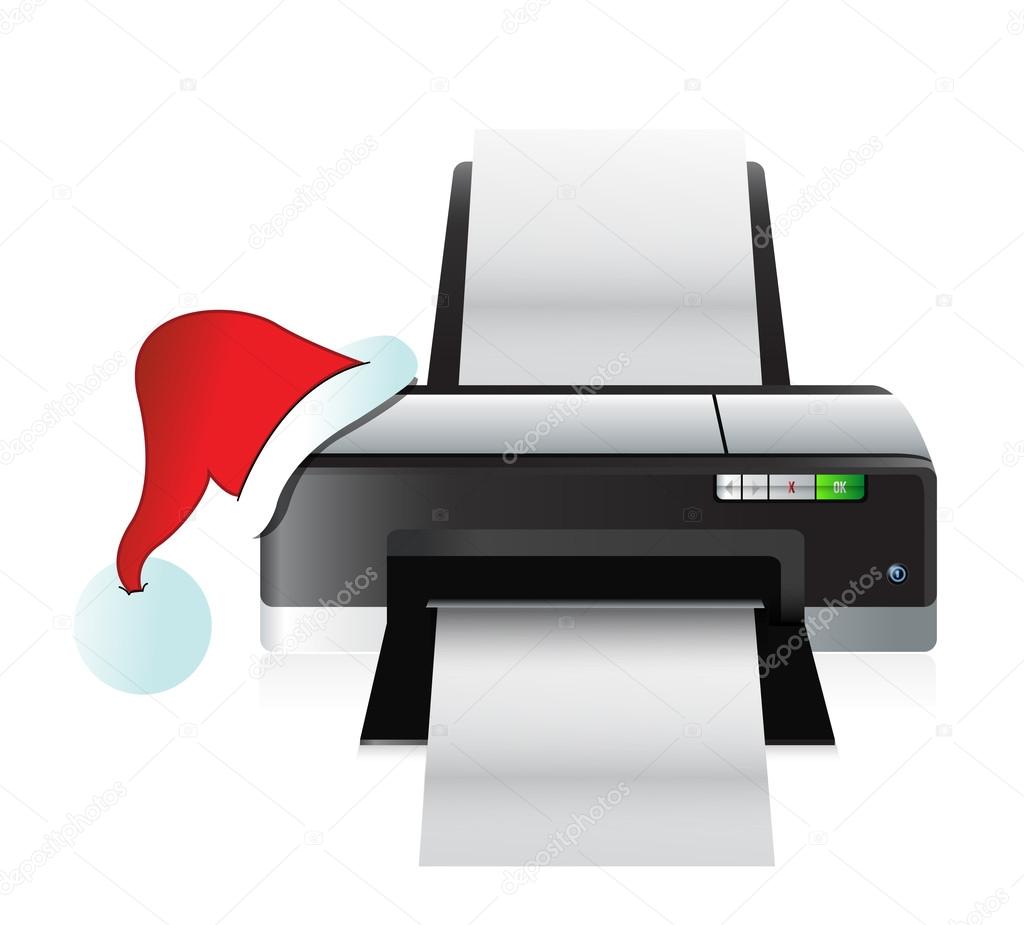 printer and christmas hat gift concept