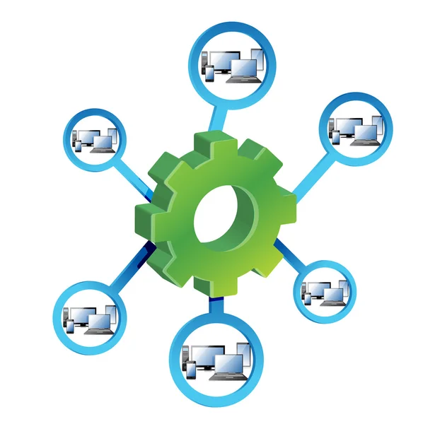 Netzwerkdiagramm und Zahnräder — Stockfoto