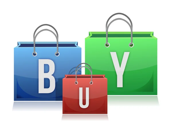 Three colorful shopping bags with the text buy — Stock Photo, Image