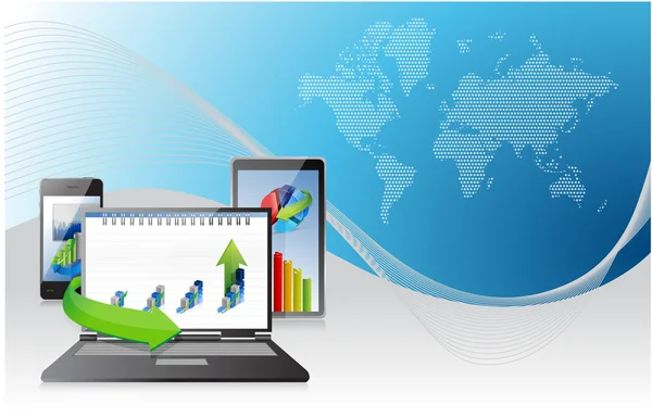 Computador, tablet portátil e telefone. gráficos de negócios — Fotografia de Stock