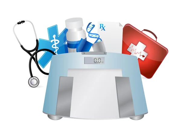 Simboli medici e scala di peso, illustrazione — Foto Stock
