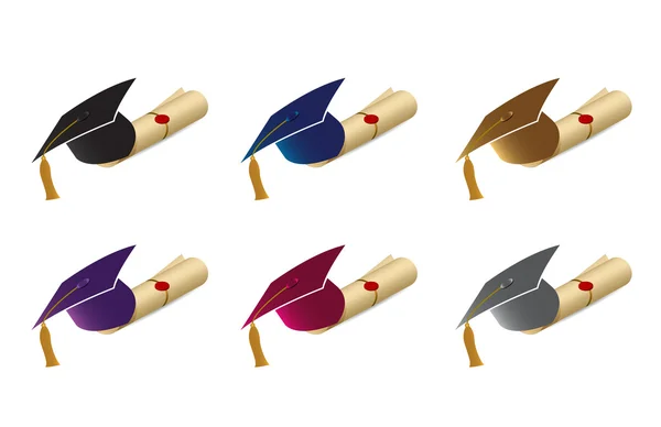 Graduation caps, mortarboards and diploma scrolls — Stock Photo, Image