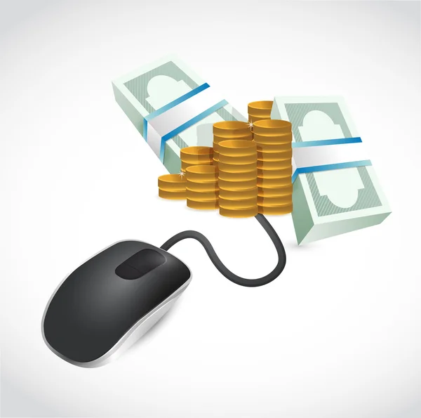 Computer mouse is connected to a big pile of money — Stock Photo, Image