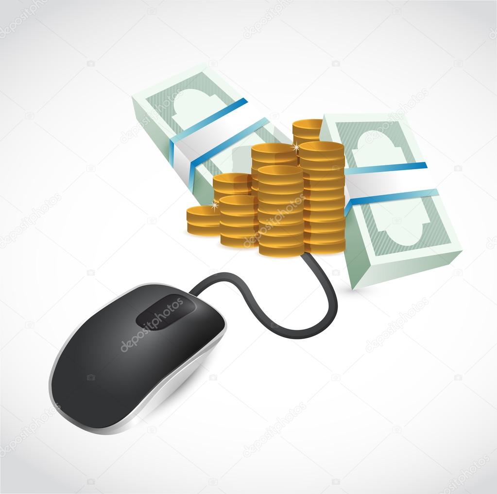 computer mouse is connected to a big pile of money