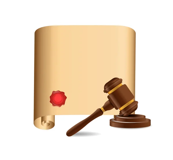 Wooden gavel against old scroll illustration — Stock Photo, Image
