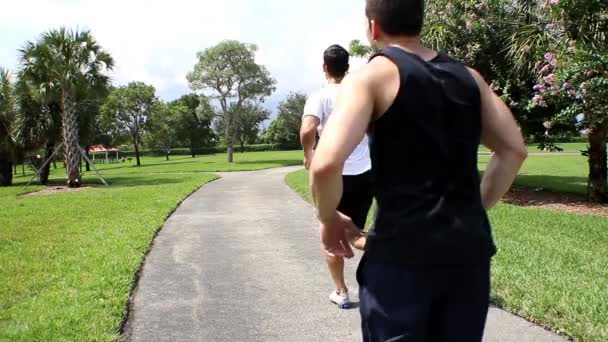 Young men jogging on a straight line. Back view — Stock Video