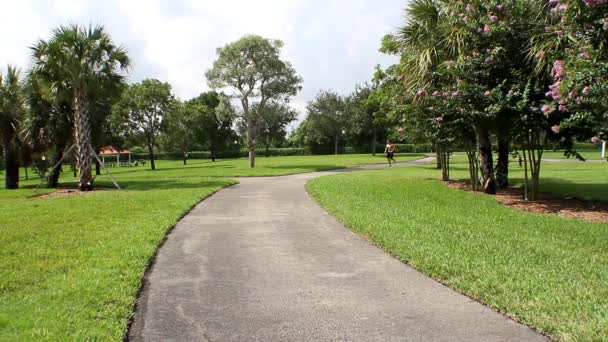 Atletische man loopt in park. geen shirt. — Stockvideo