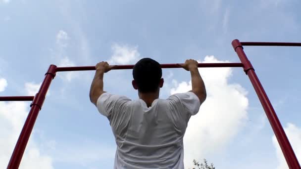 Achteraanzicht. atleet trekt op de balk. Pullups — Stockvideo