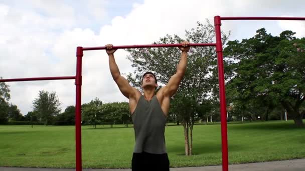 Front view. handsome athletic guy pulls on the bar. Pull ups — Stock Video